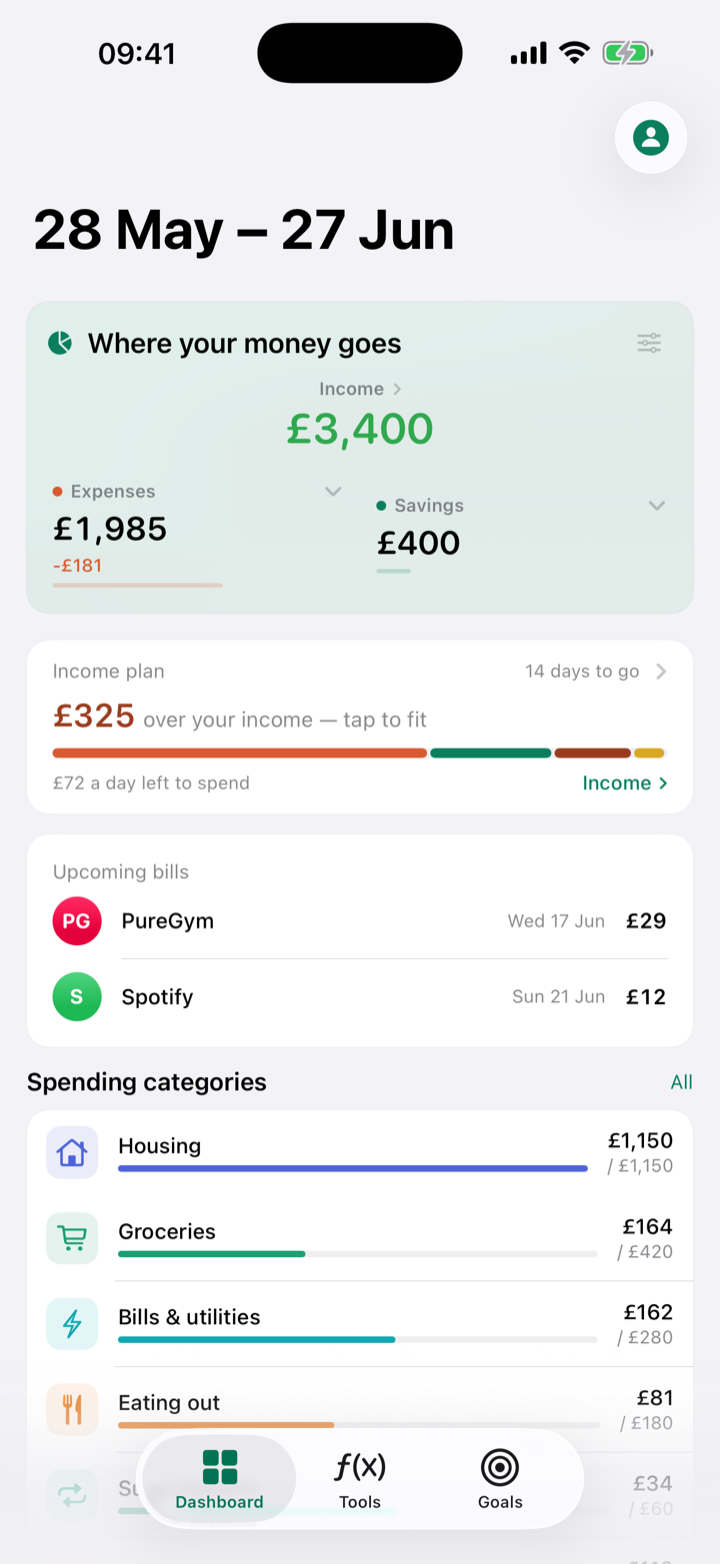 Myri dashboard on iPhone showing Income, Expenses and Savings at a glance