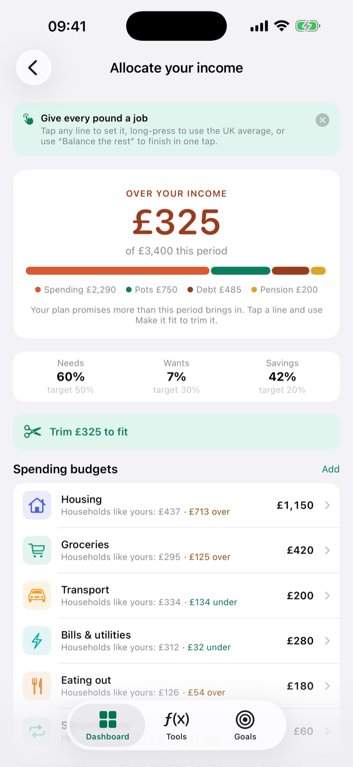 Allocate your income to zero across spending, pots, debt and pension
